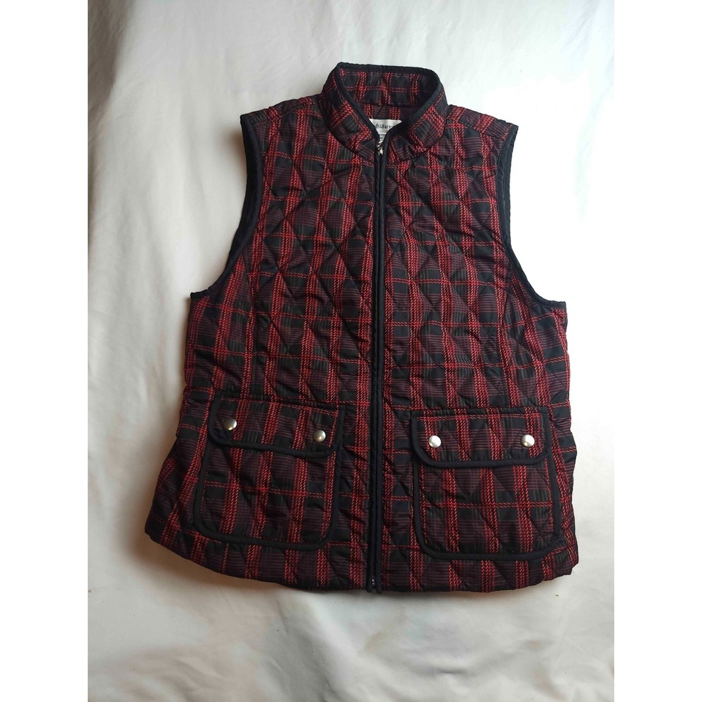 Croft & Barrow Vest Womens Size Medium Petite‎ Red Black Plaid Quilted Zip Front